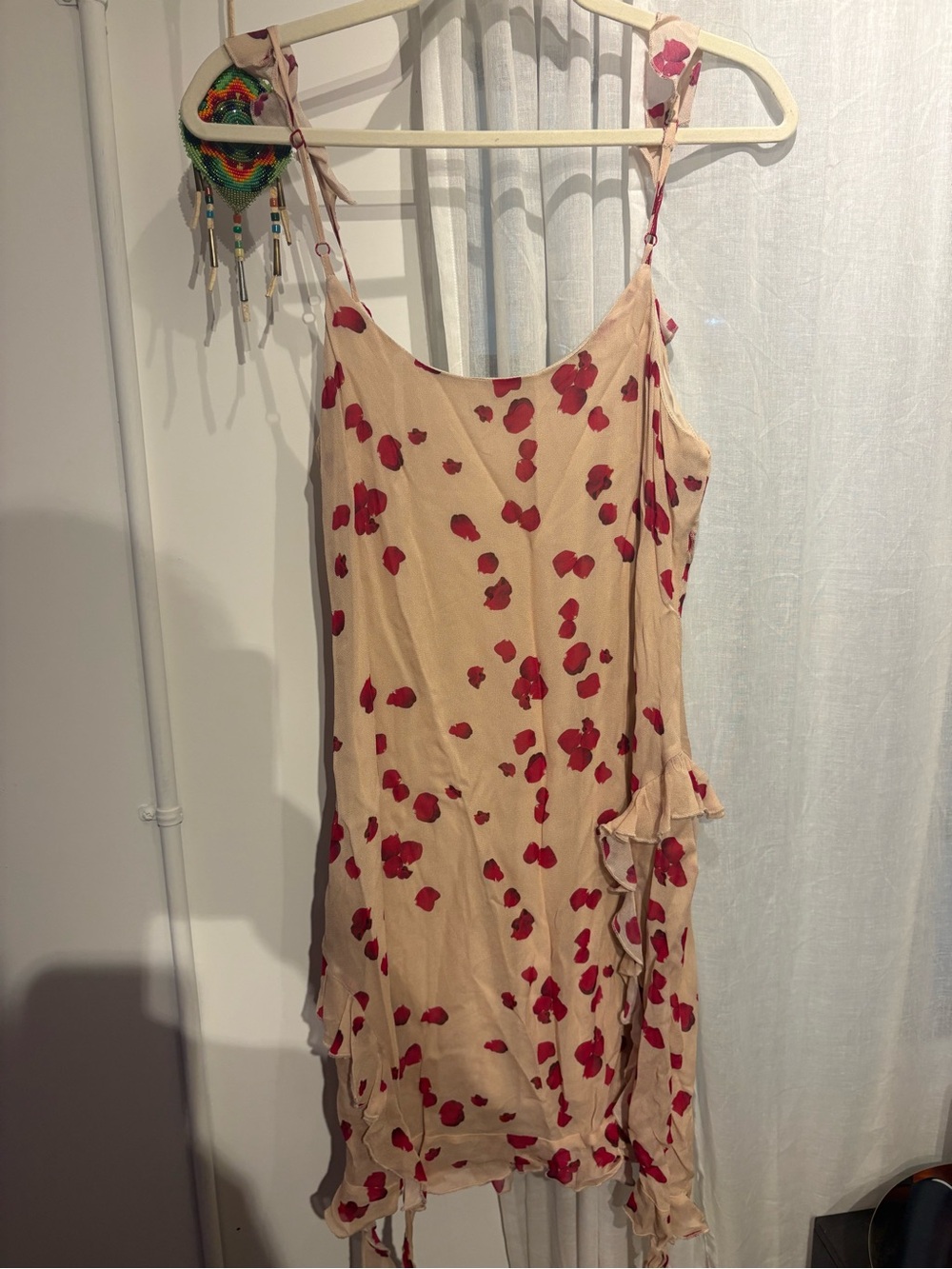 Beige Slip Dress with Red Petal Print